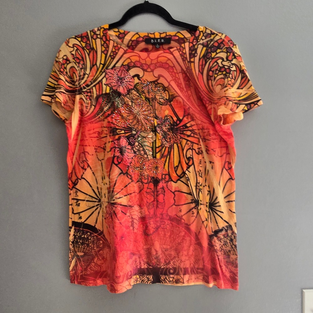 BLEU Artsy Boho Floral Graphic Rhinestone Top Orange Red Large MA945F20